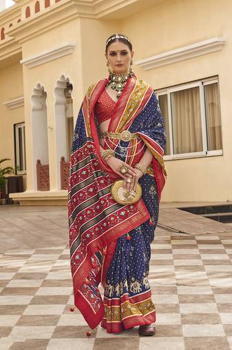 Navy Blue Colour Sigma Silk Blend Patola Printed Saree With Blouse