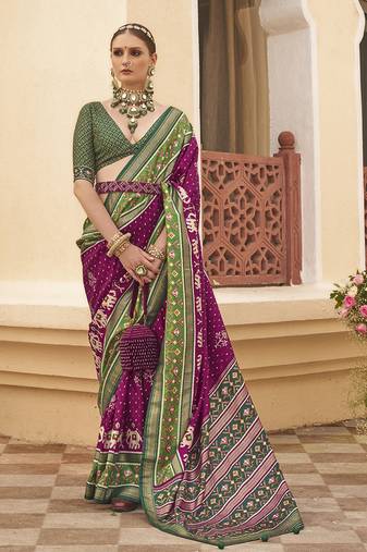 Dark purple colour sigma silk Blend patola printed saree with blouse
