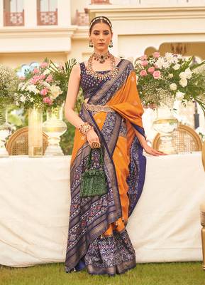 Mustard colour sigma silk Blend patola printed saree with blouse 1