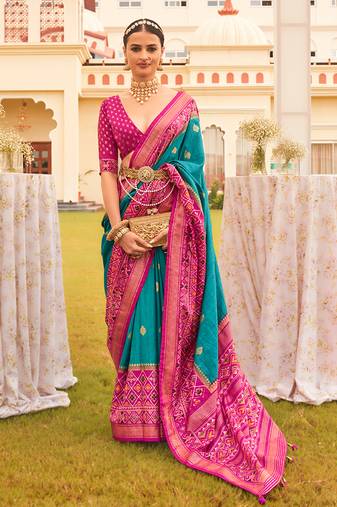 Blue & rani colour sigma silk Blend patola printed saree with blouse