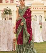 Wine & Mehendi Colour Sigma Silk Blend Patola Printed Saree With Blouse