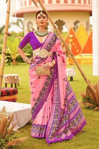 Baby Pink Colour Sigma Silk Blend Patola Printed Saree With Blouse