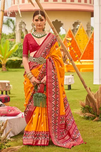 Amber Colour Sigma Silk Blend Patola Printed Saree With Blouse