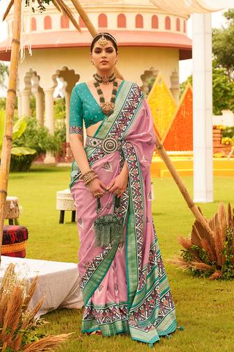 Salmon Colour Sigma Silk Blend Patola Printed Saree With Blouse