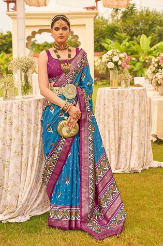 Blue Colour Sigma Silk Blend Patola Printed Saree With Blouse