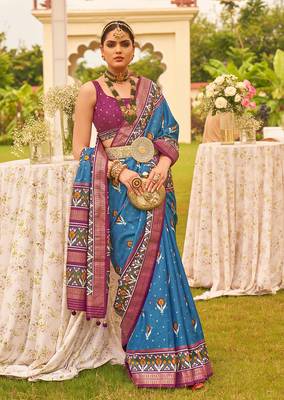 Blue Colour Sigma Silk Blend Patola print Saree With Blouse 2
