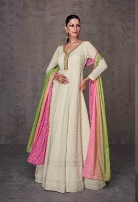 White pure georgette heavy embroidery semi stitched gowns 1