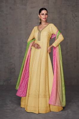 Light yellow pure georgette heavy embroidery semi stitched gowns 2