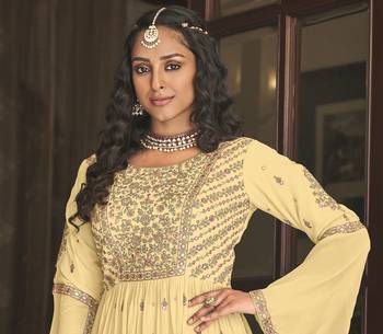 designer yellow faux georgette with embroidery work full stiched  suit set 3