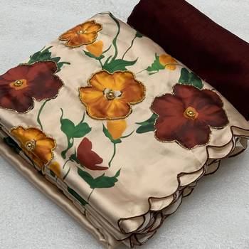Beige Satin Floral Printed Saree with Beautiful Khatli Embroidery 2