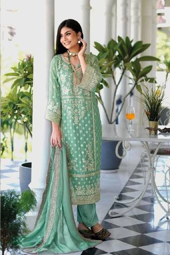 Green soft organza with embroidery work full stitch fancy suit set
