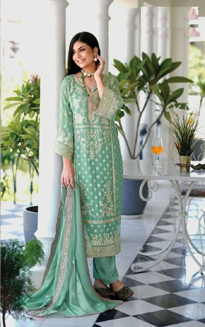 Green soft organza with embroidery work full stitch fancy suit set