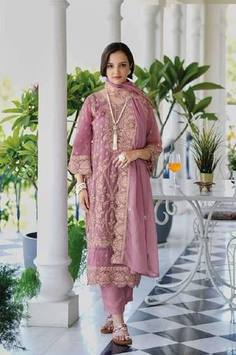 Pink soft organza with embroidery work full stitch fancy suit set