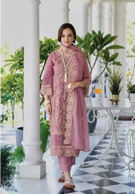 Pink soft organza with embroidery work full stitch fancy suit set 1