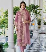 Pink soft organza with embroidery work full stitch fancy suit set