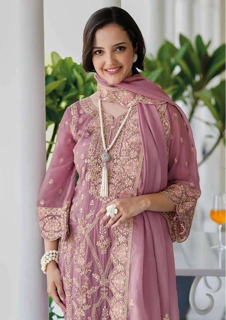 Pink soft organza with embroidery work full stitch fancy suit set