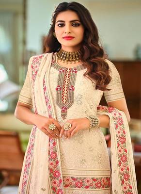 Cream faux georgette with embroidery work full stiched  suit set 4