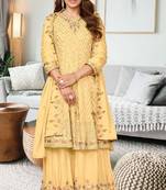 Yellow chinon with embroidery work full stiched  suit set