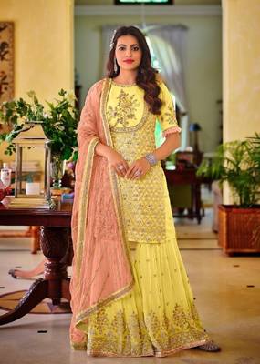 Yellwo  faux georgette with embroidery work full stiched  suit set 1