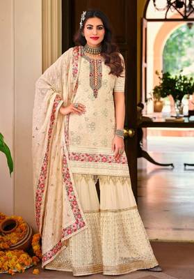 Cream faux georgette with embroidery work full stiched  suit set 2