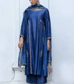 Blue Raw Silk Salwar Suit With Organza Dupatta