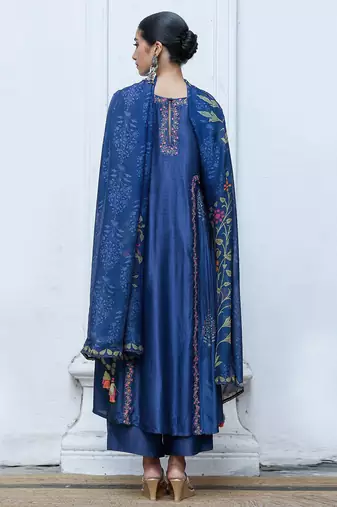 Blue Raw Silk Salwar Suit With Organza Dupatta