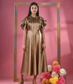 Dark beige satin midi dress with ruffle sleeves