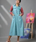 Sky blue cotton dress with printed sleeves