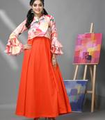Orange cotton solid gown with printed cropped jacket