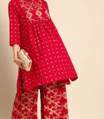 Aaryahi women rayon red printed straight kurta with palazzo set