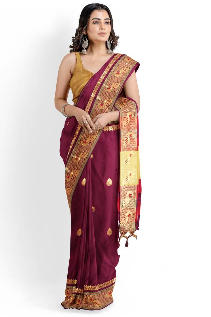 Maroon colour paithani design silk saree with blouse piece