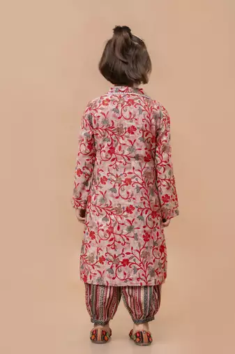 Cutiediva Girls wedding floral print kurta and afghani set in modal