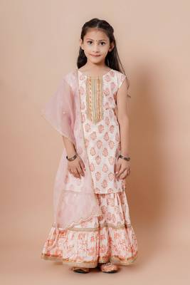 Girls multicolour floral print kurta & sharara set in cotton 1