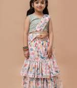 Girls ready to wear pre draped multicolor floral saree with schiffli blouse in georgette