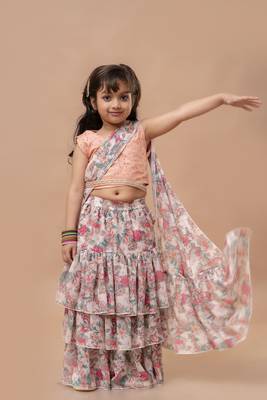 Cutiediva Girls ready to wear pre draped multicolor floral saree with schiffli blouse in georgette 1