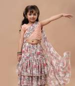 Cutiediva Girls ready to wear pre draped multicolor floral saree with schiffli blouse in georgette