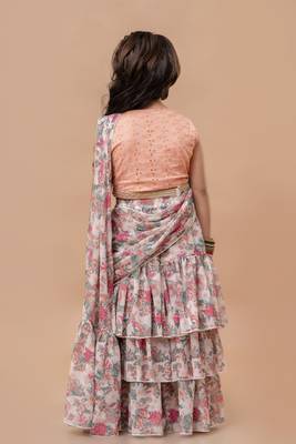 Cutiediva Girls ready to wear pre draped multicolor floral saree with schiffli blouse in georgette 2