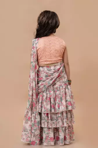 Cutiediva Girls ready to wear pre draped multicolor floral saree with schiffli blouse in georgette