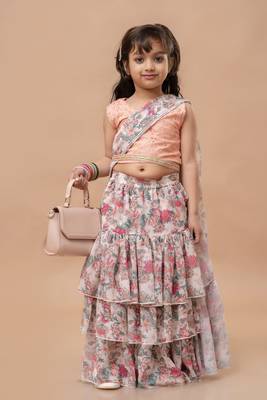 Cutiediva Girls ready to wear pre draped multicolor floral saree with schiffli blouse in georgette 3