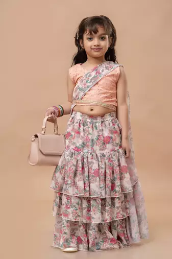 Cutiediva Girls ready to wear pre draped multicolor floral saree with schiffli blouse in georgette