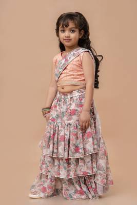 Cutiediva Girls ready to wear pre draped multicolor floral saree with schiffli blouse in georgette 4