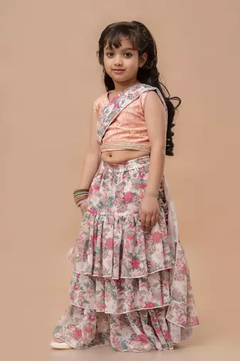 Cutiediva Girls ready to wear pre draped multicolor floral saree with schiffli blouse in georgette