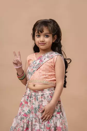 Cutiediva Girls ready to wear pre draped multicolor floral saree with schiffli blouse in georgette