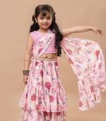 Girls ready to wear pre draped pink floral saree with schiffli blouse in georgette