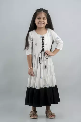 Girls multicolor aztec print anarkali frock in cotton