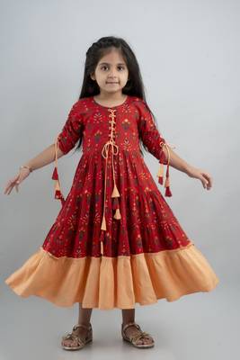 Girls red ethnic motifs printed anarkali gown in rayon 1