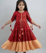 Girls red ethnic motifs printed anarkali gown in rayon