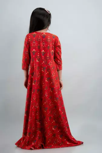 Girls red ethnic motifs printed anarkali gown in rayon