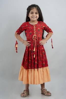 Girls red ethnic motifs printed anarkali gown in rayon 3