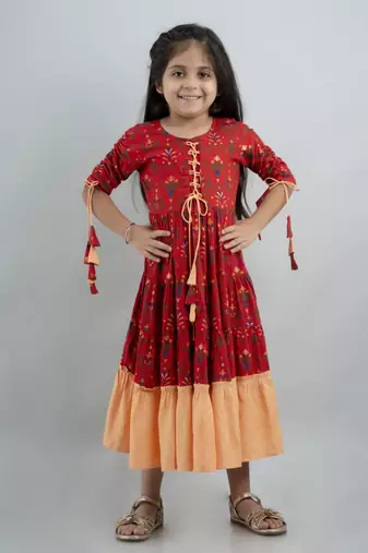 Girls red ethnic motifs printed anarkali gown in rayon